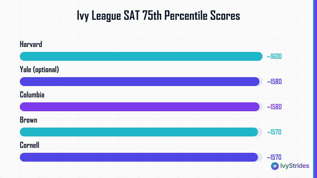 Horizontal bar chart comparing SAT 75th percentile scores across all 8 Ivy League schools for 2026-27 applicants