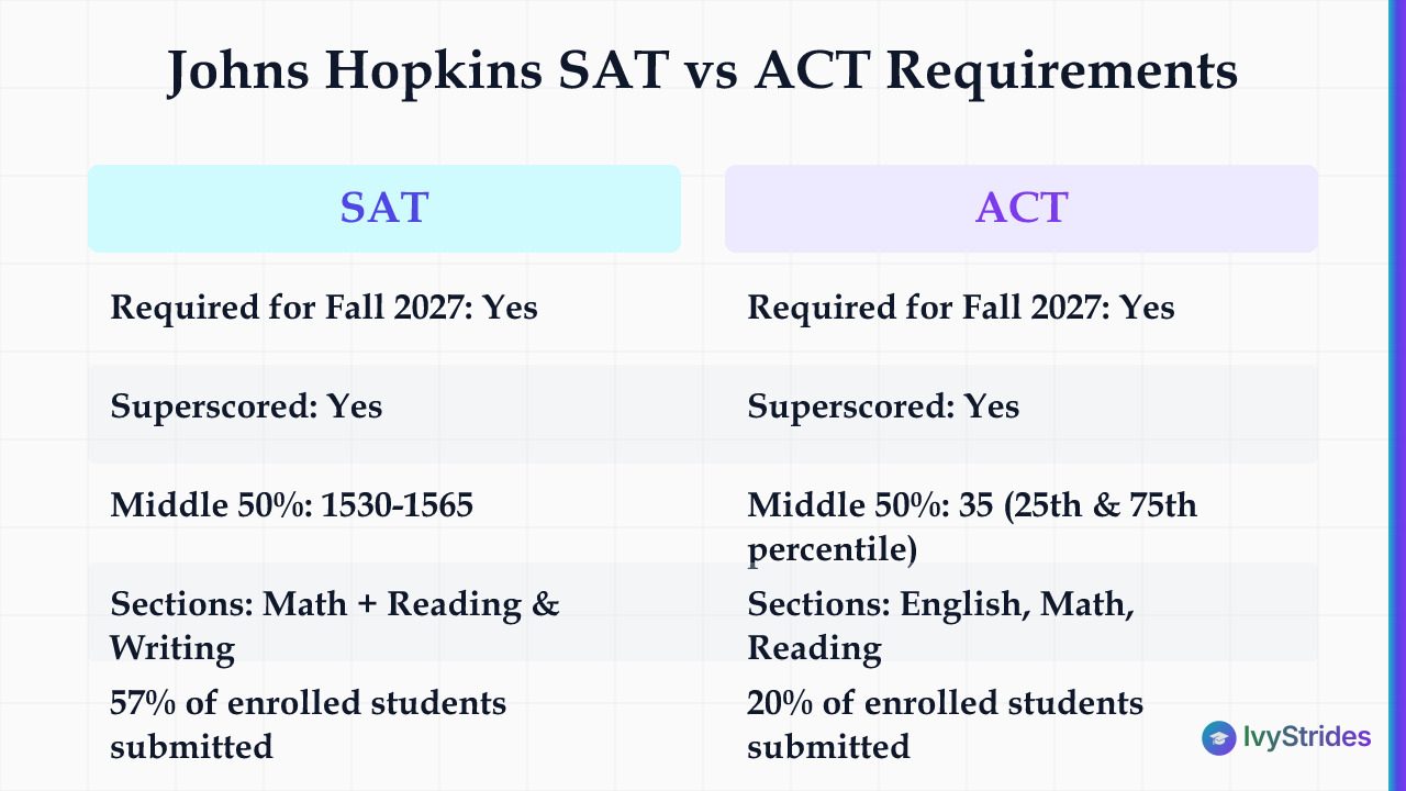 Comparison table of Johns Hopkins SAT vs ACT requirements showing scores, superscoring policy, and submission rates for Fall 