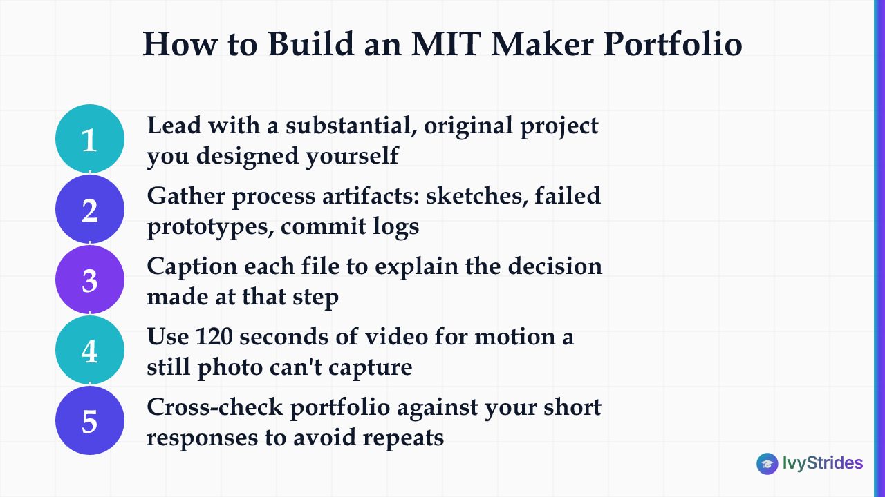 5 numbered steps for building and documenting an MIT Maker Portfolio submission, from project selection to cross-checking ess