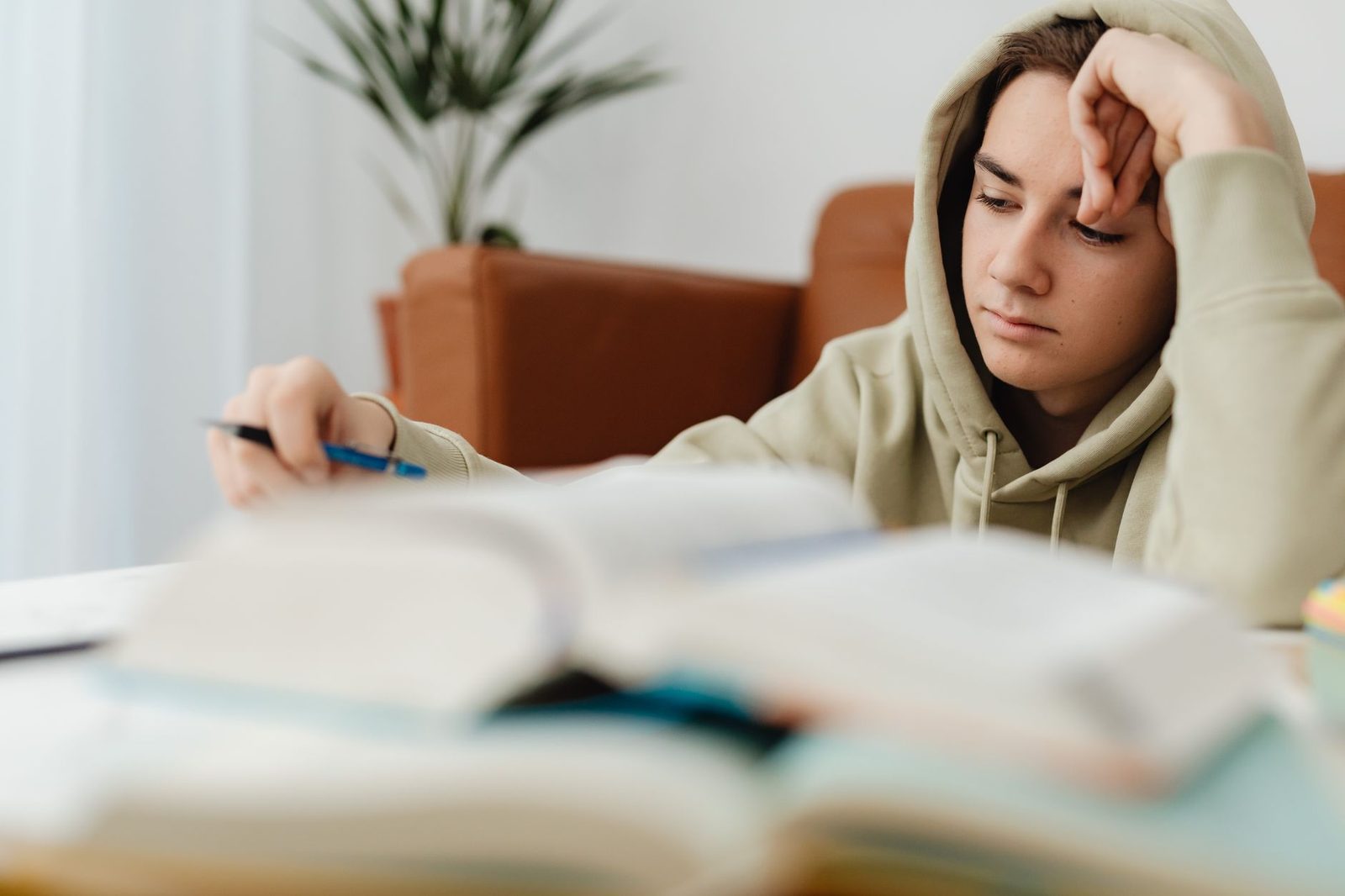 High school student studying at a desk with textbooks