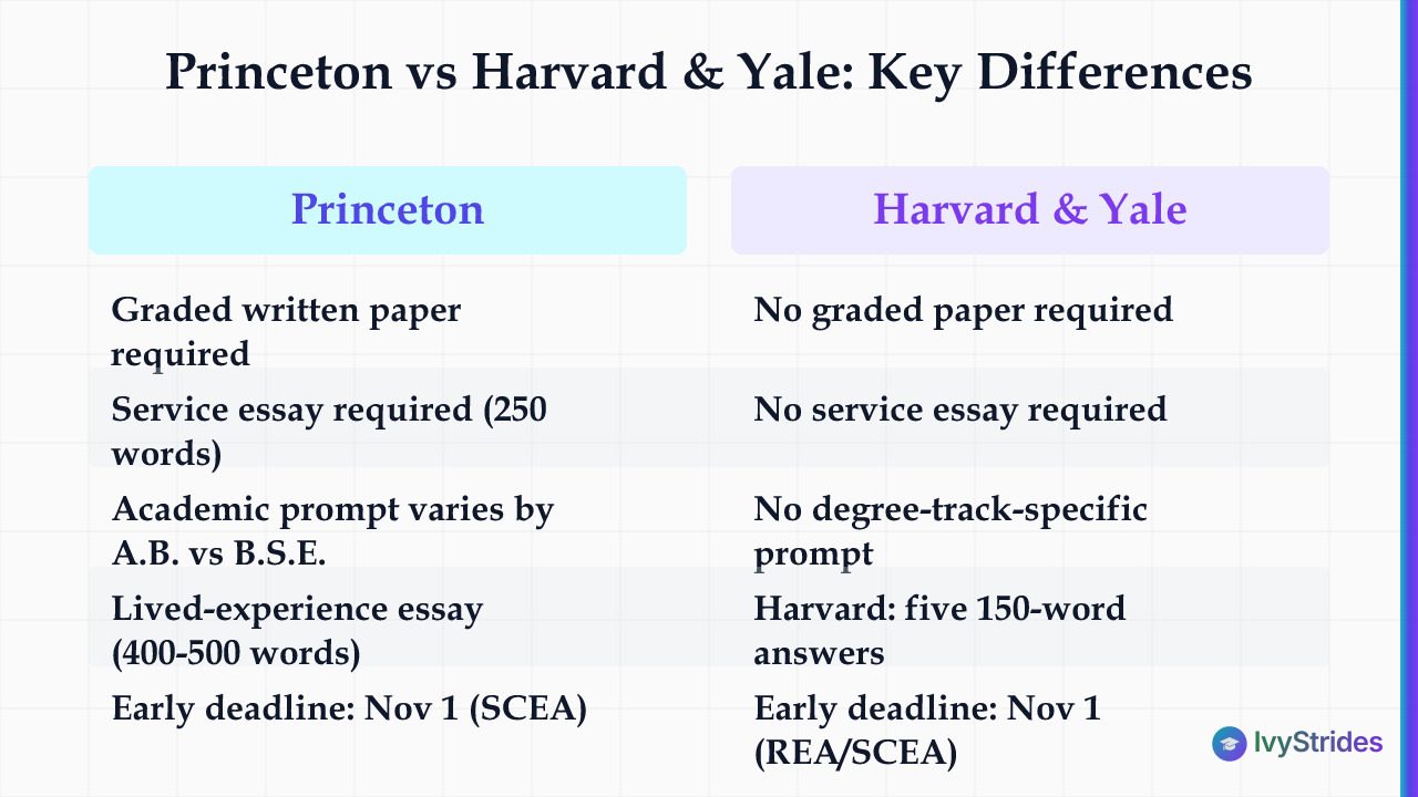 Comparison table showing three Princeton application requirements: graded paper, service essay, degree-track prompt: not re