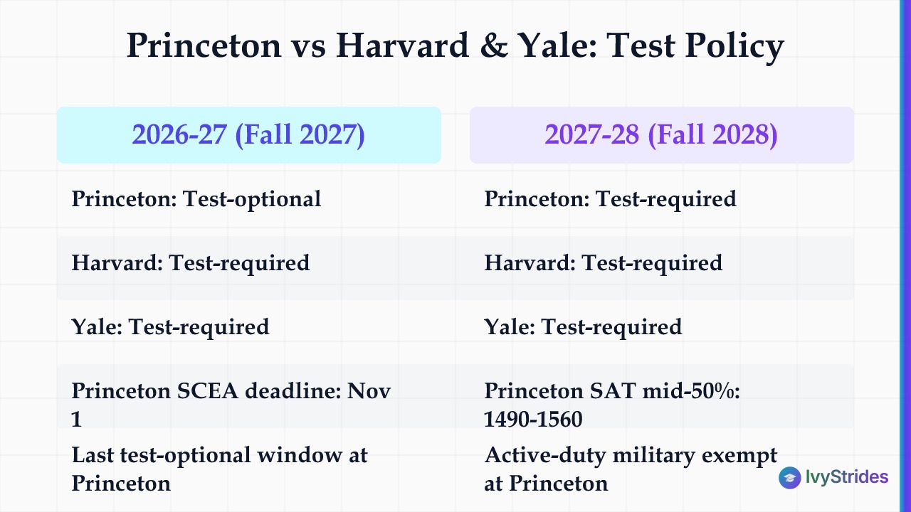 Comparison table showing Princeton, Harvard, and Yale SAT/ACT test policies for fall 2027 and fall 2028 entry cycles
