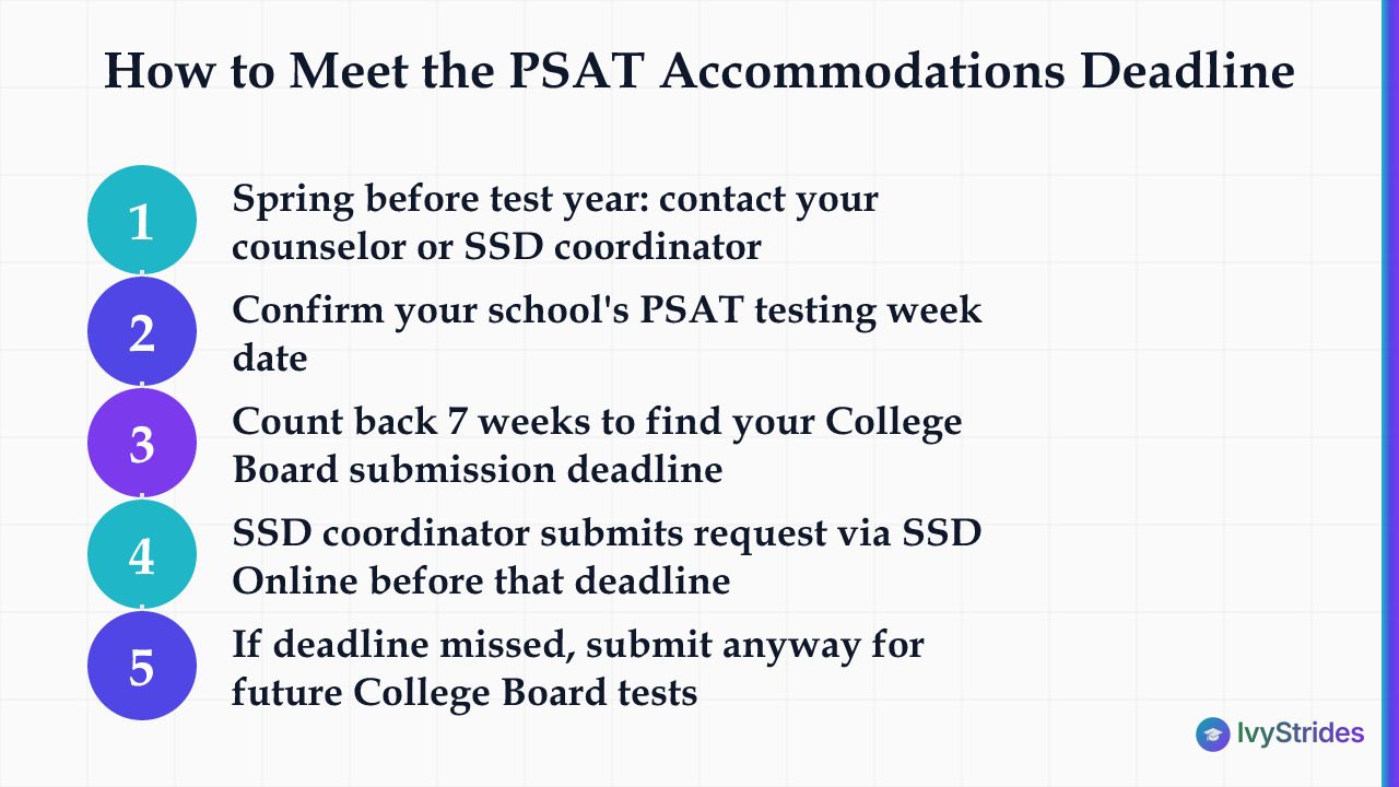 5-step process for requesting PSAT accommodations on time, from spring prep to late submission fallback