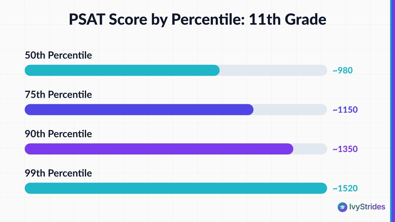 Bar chart showing 2026 PSAT user percentile scores for 11th graders: 50th=980, 75th=1150, 90th=1350, 99th=1520