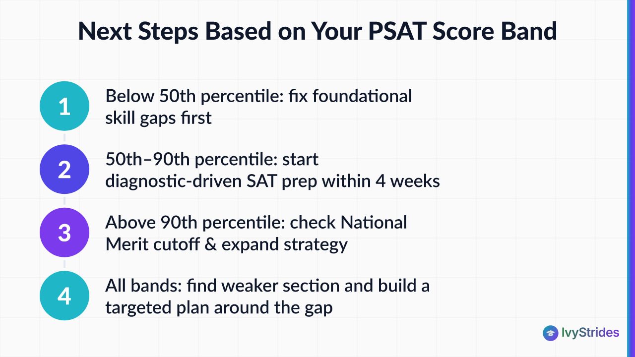4-step action plan based on PSAT score bands: below 50th, 50th–90th, above 90th percentile, and universal next step