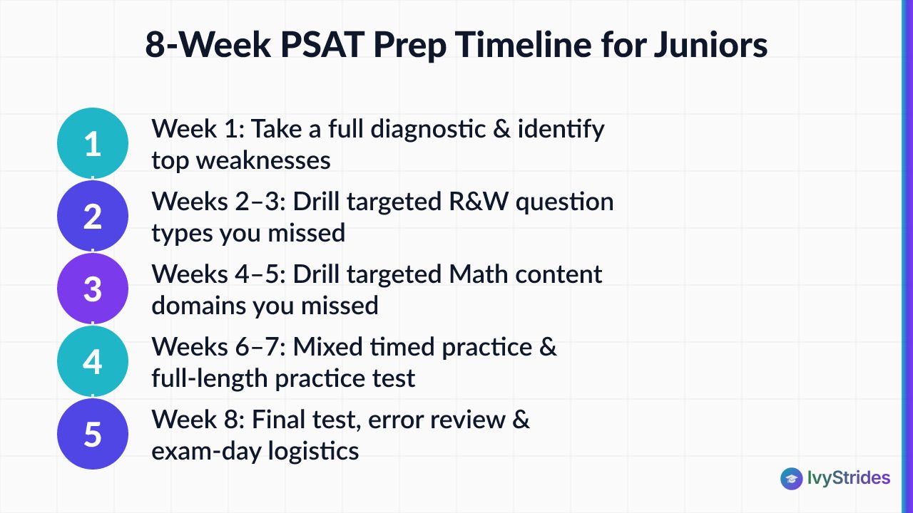 5-step 8-week PSAT prep timeline for juniors: diagnostic, R&W drill, Math drill, mixed practice, final test