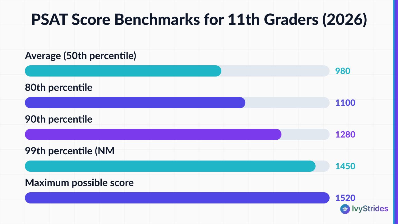 Horizontal bar chart showing PSAT score benchmarks for juniors from 980 (50th percentile) to 1520 (max score)
