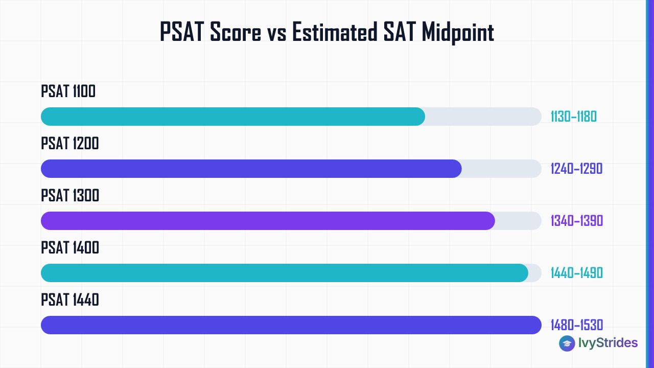 Horizontal bar chart showing estimated SAT score ranges for PSAT composites from 1100 to 1440 based on College Board concorda