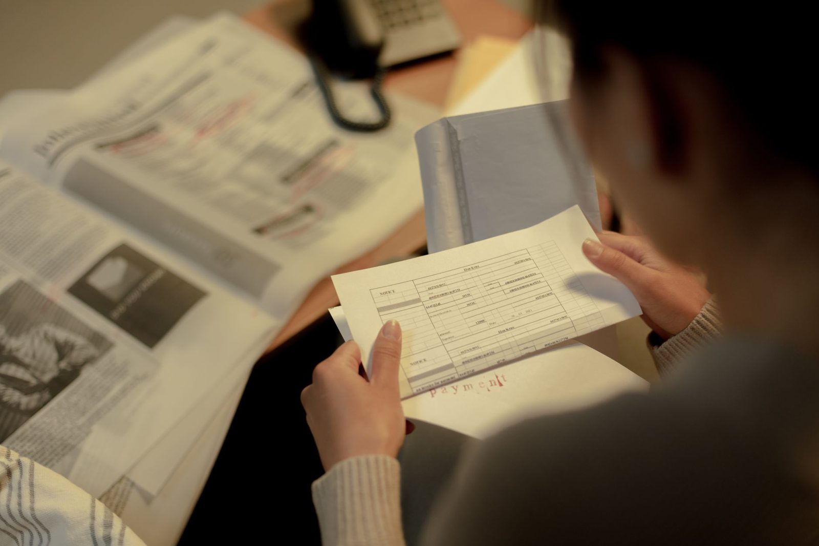 Student carefully reviewing college application documents at a desk