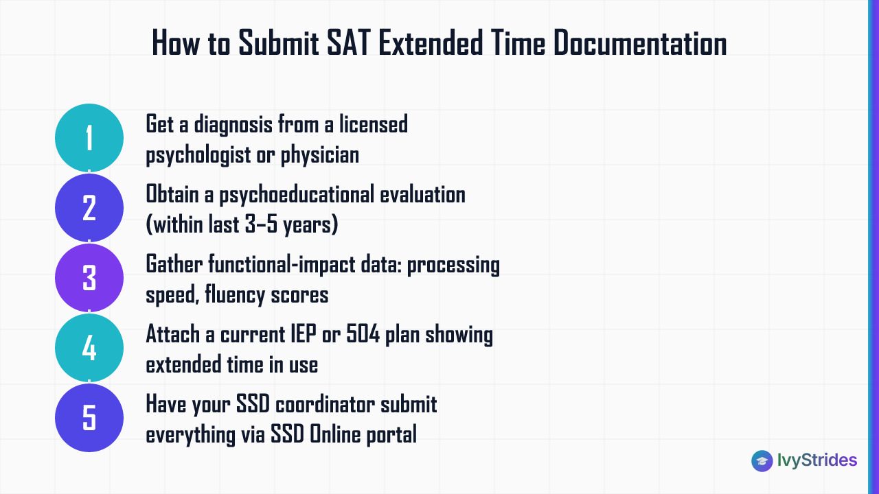 5-step process for submitting SAT extended time documentation to College Board's SSD portal