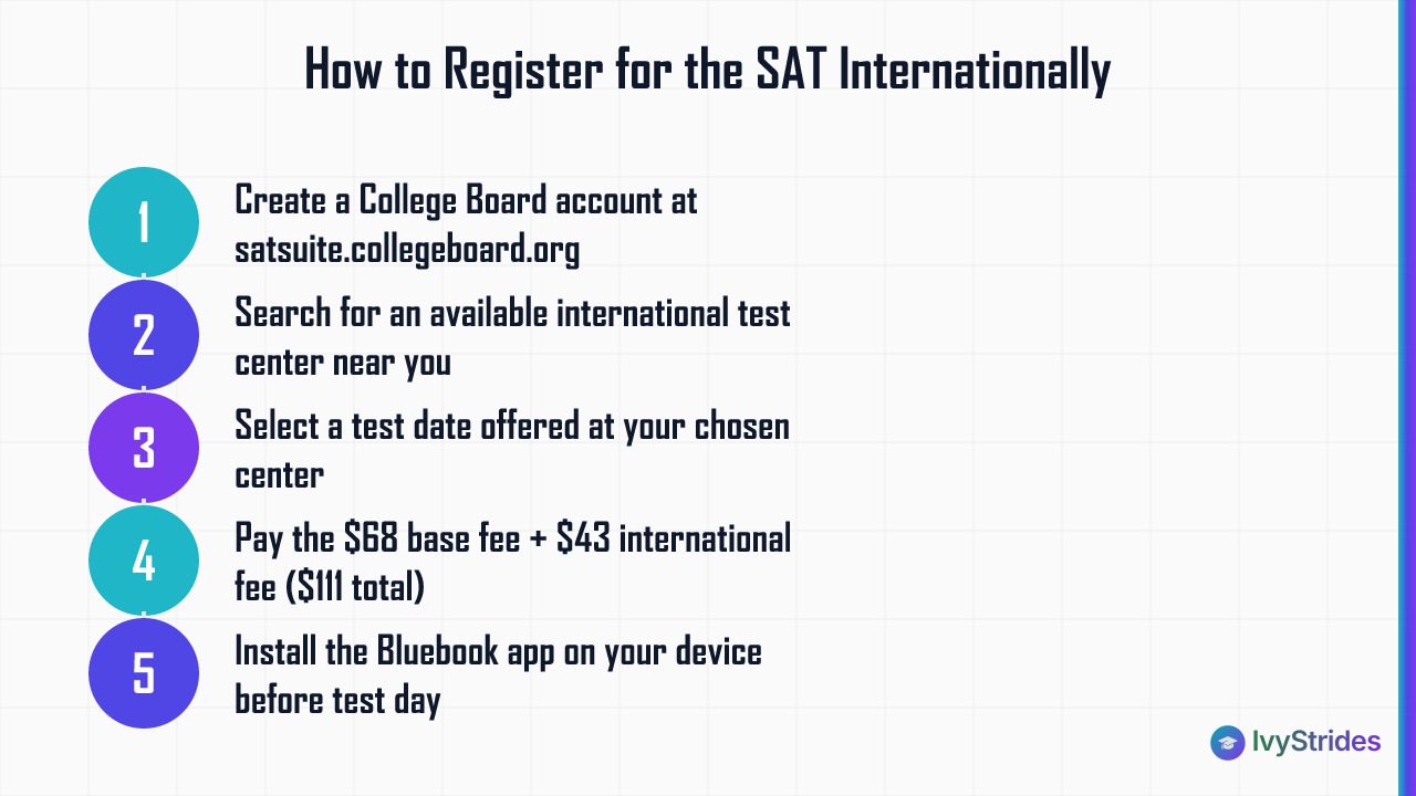 5-step SAT registration process for international students, from creating an account to installing the Bluebook app