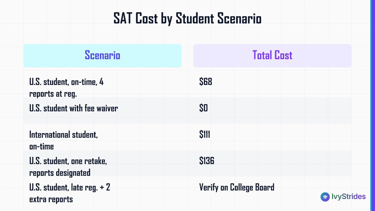 Comparison table showing total SAT costs across five student scenarios including fee waivers, international fees, and retakes