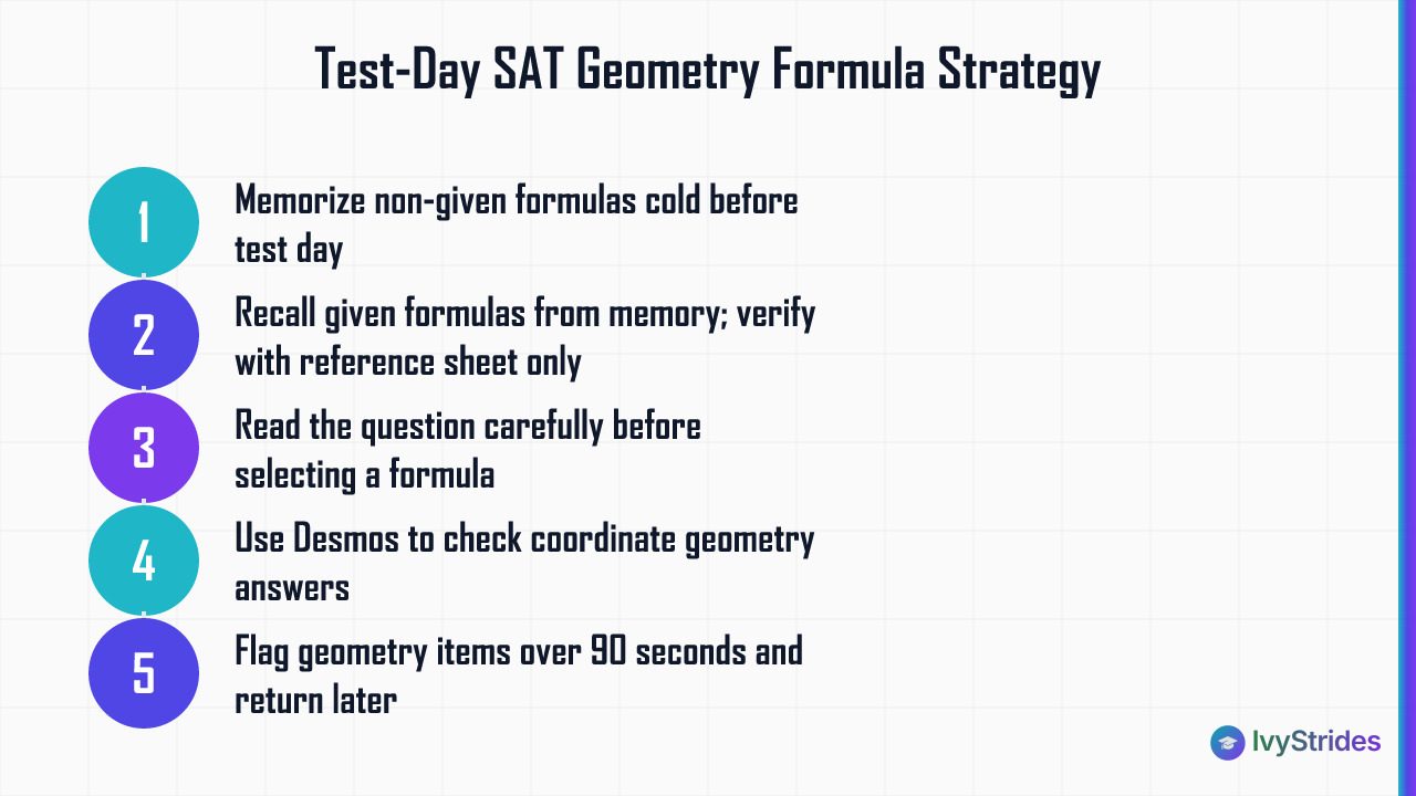5-step numbered process for using SAT geometry formulas efficiently on test day