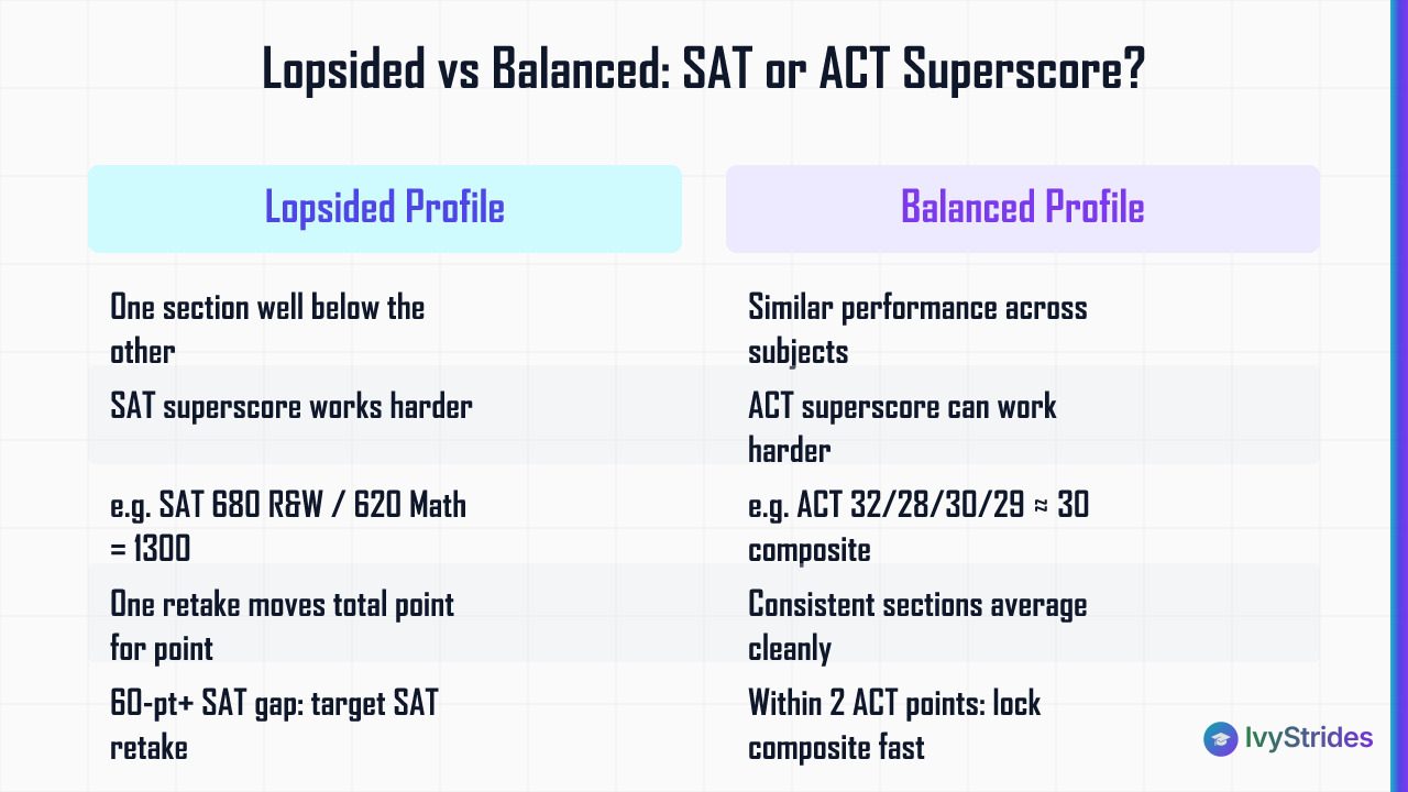 Comparison table showing lopsided score profiles favor SAT superscoring while balanced profiles favor ACT superscoring