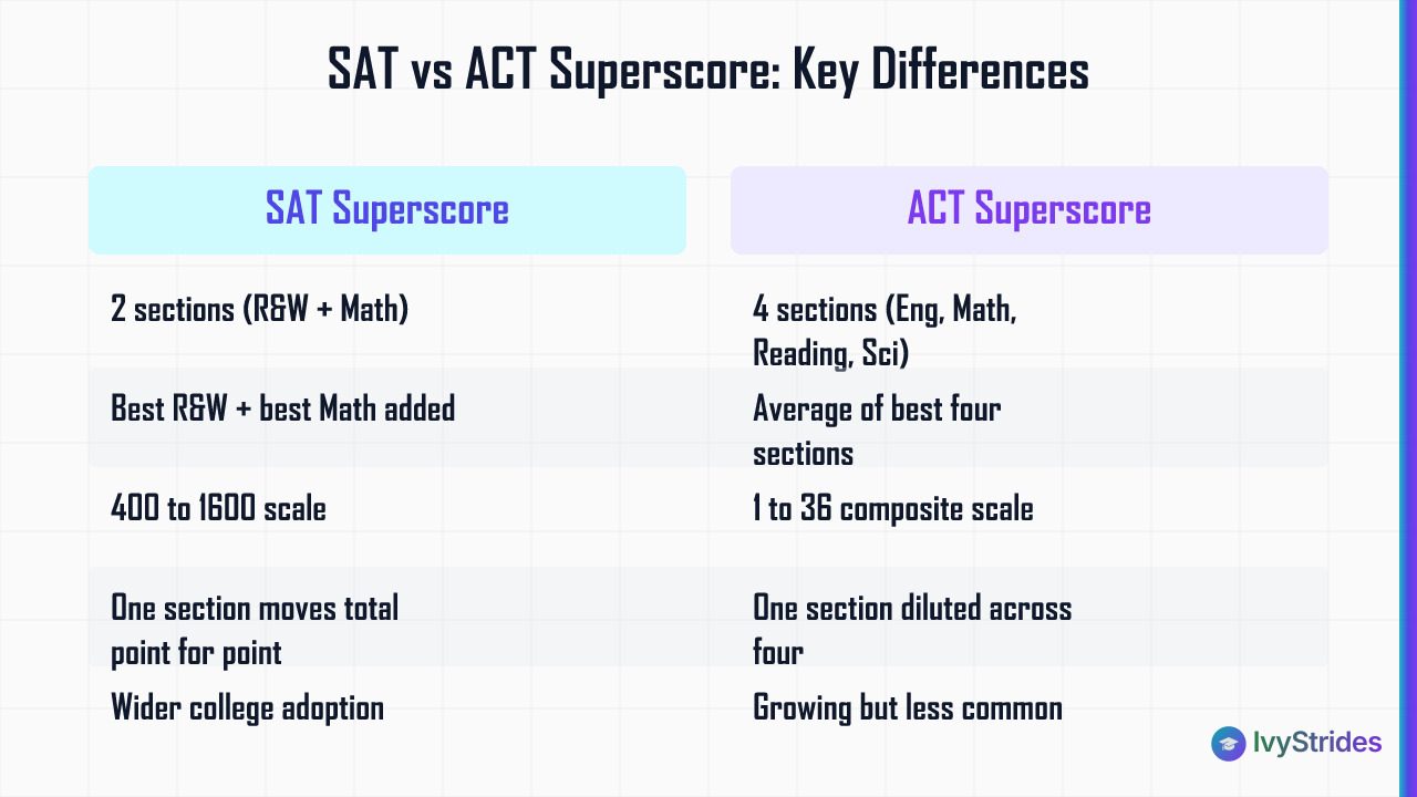 Comparison table showing SAT vs ACT superscore differences in sections combined, calculation method, scale, and college adopt