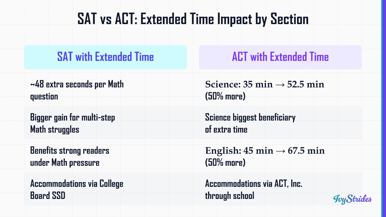 Comparison table showing how SAT vs ACT extended time accommodations affect specific test sections and student profiles
