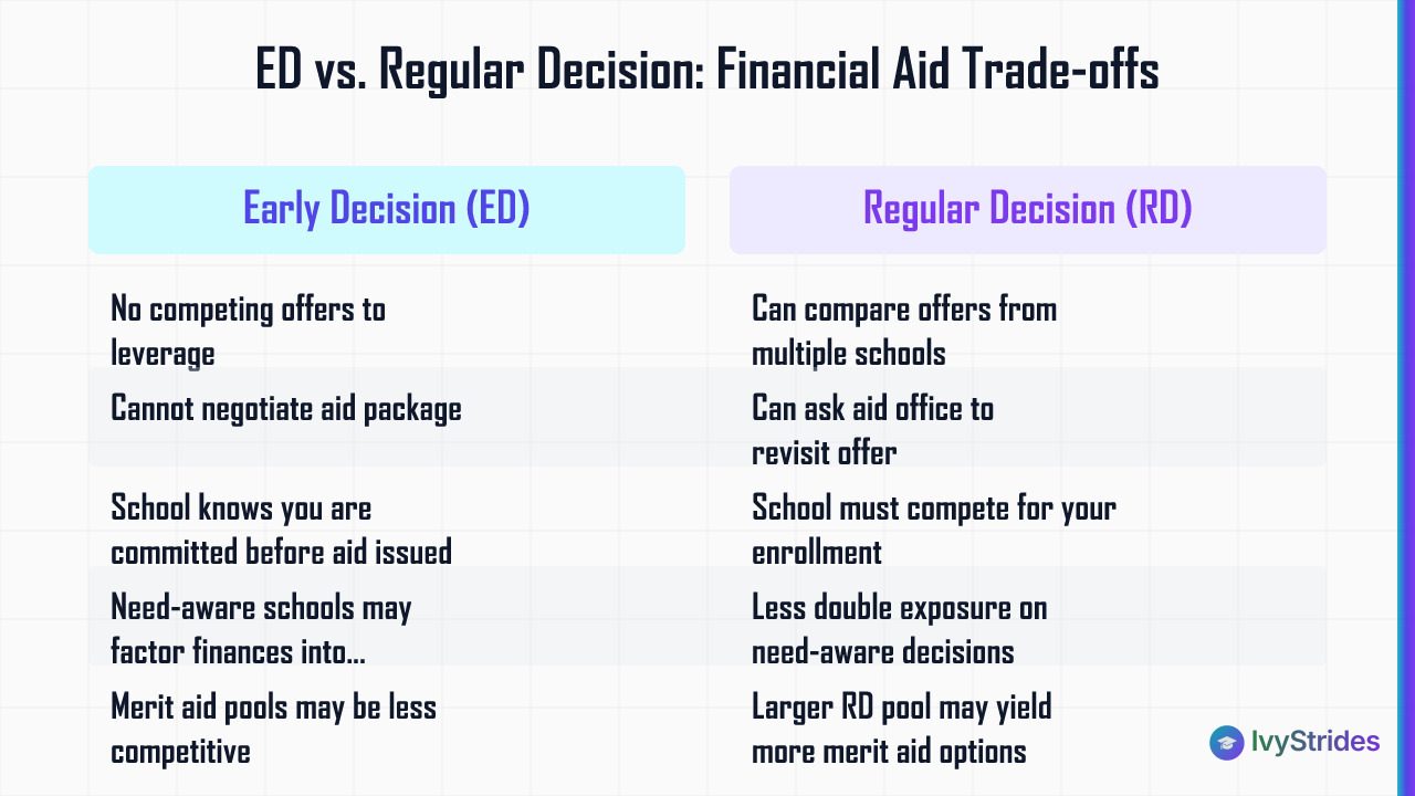 Comparison table showing Early Decision vs Regular Decision financial aid trade-offs including negotiation leverage and merit