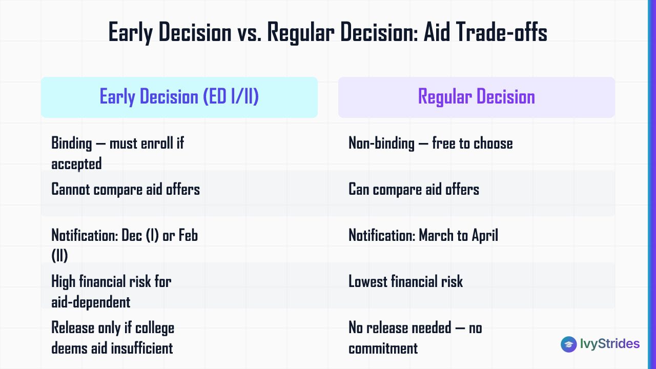 Comparison table showing Early Decision vs Regular Decision across binding status, aid comparison, notification timing, and f