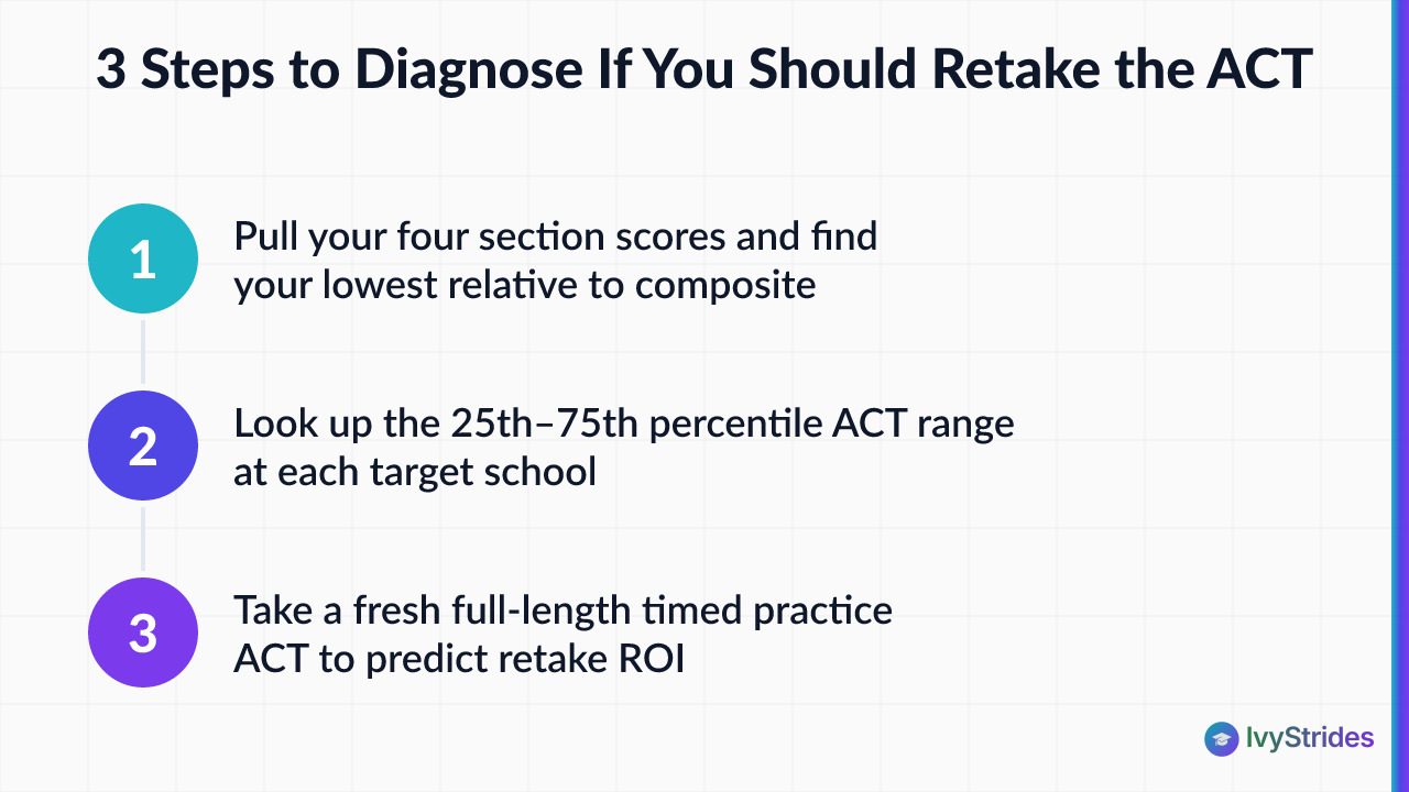 3-step process to diagnose ACT retake potential: compare section scores, check school ranges, take a timed practice test