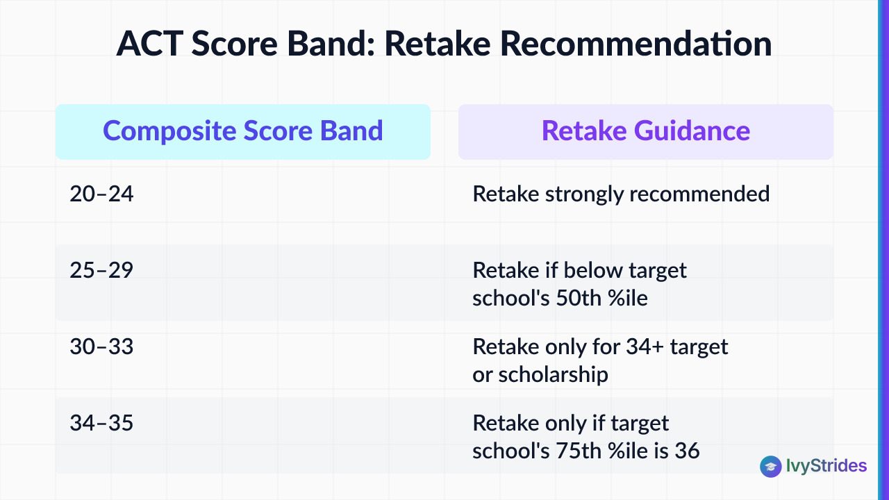 Comparison table showing ACT composite score bands from 20–36 alongside retake recommendations for college applicants in 2026