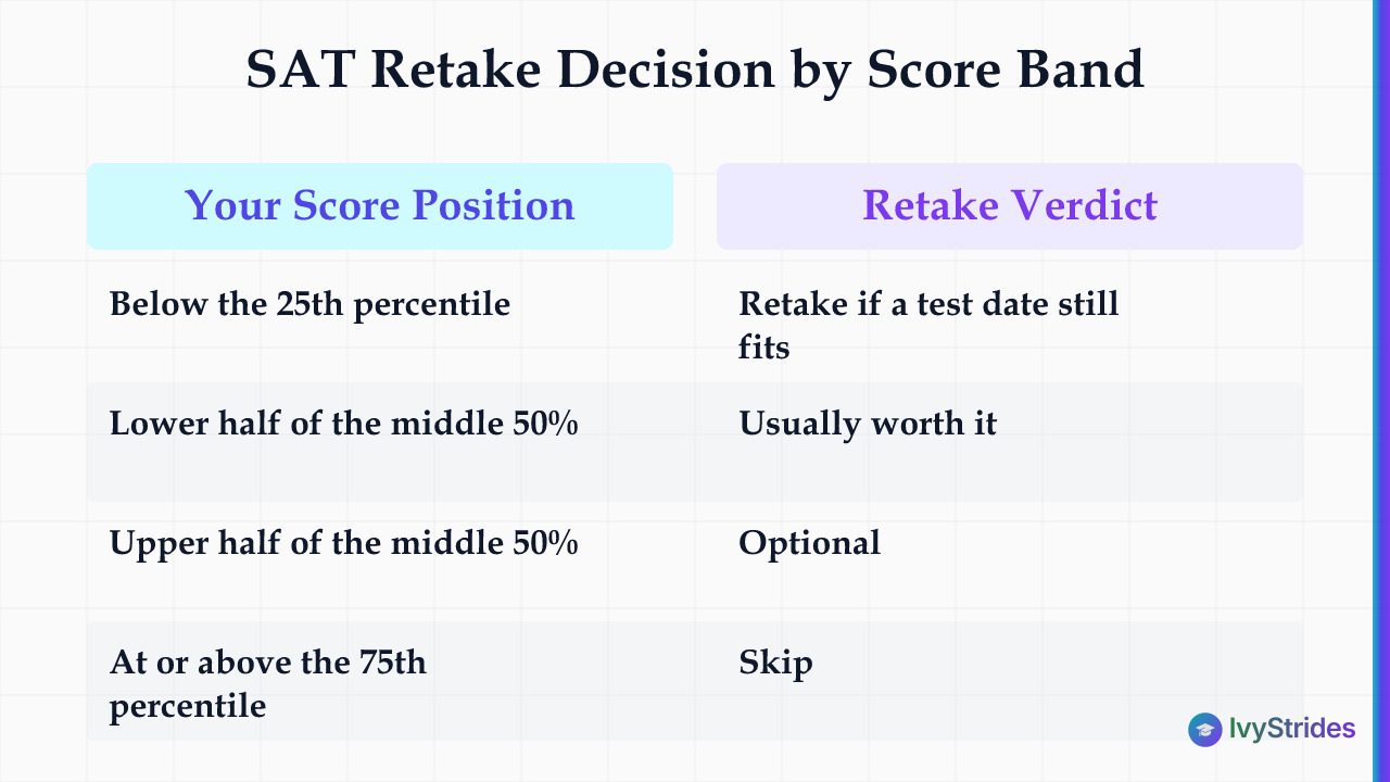 Comparison table showing SAT retake verdicts for four score bands relative to a target college's middle-50% range