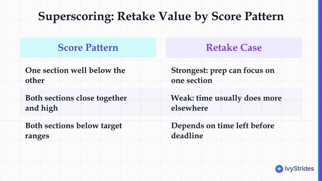 Comparison table showing SAT retake value under superscoring for three score patterns: imbalanced, balanced-high, and both-lo