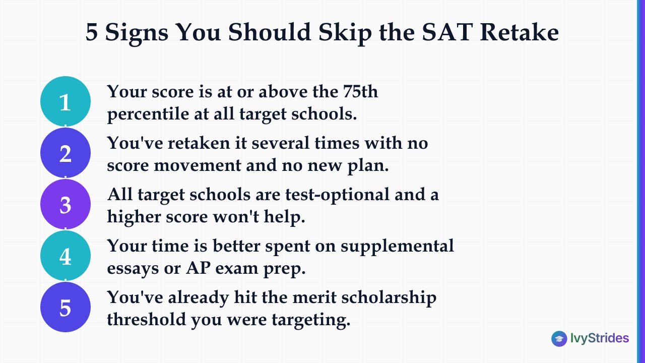 Numbered list of 5 signs that indicate skipping an SAT retake is the right decision for 2026-27 applicants