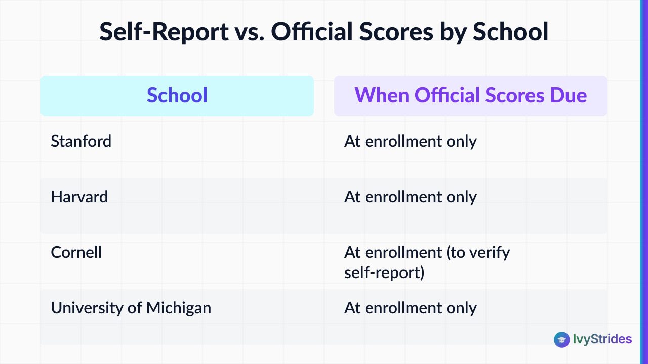 Comparison table showing when official ACT scores are required vs self-reported for Stanford, Harvard, Cornell, Michigan, and