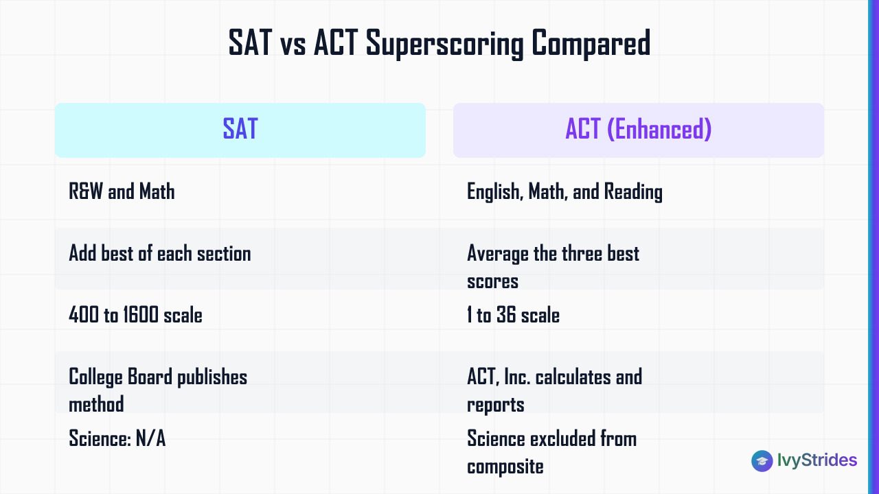 Comparison table showing SAT vs ACT Enhanced superscoring: sections included, calculation method, and score scale differences