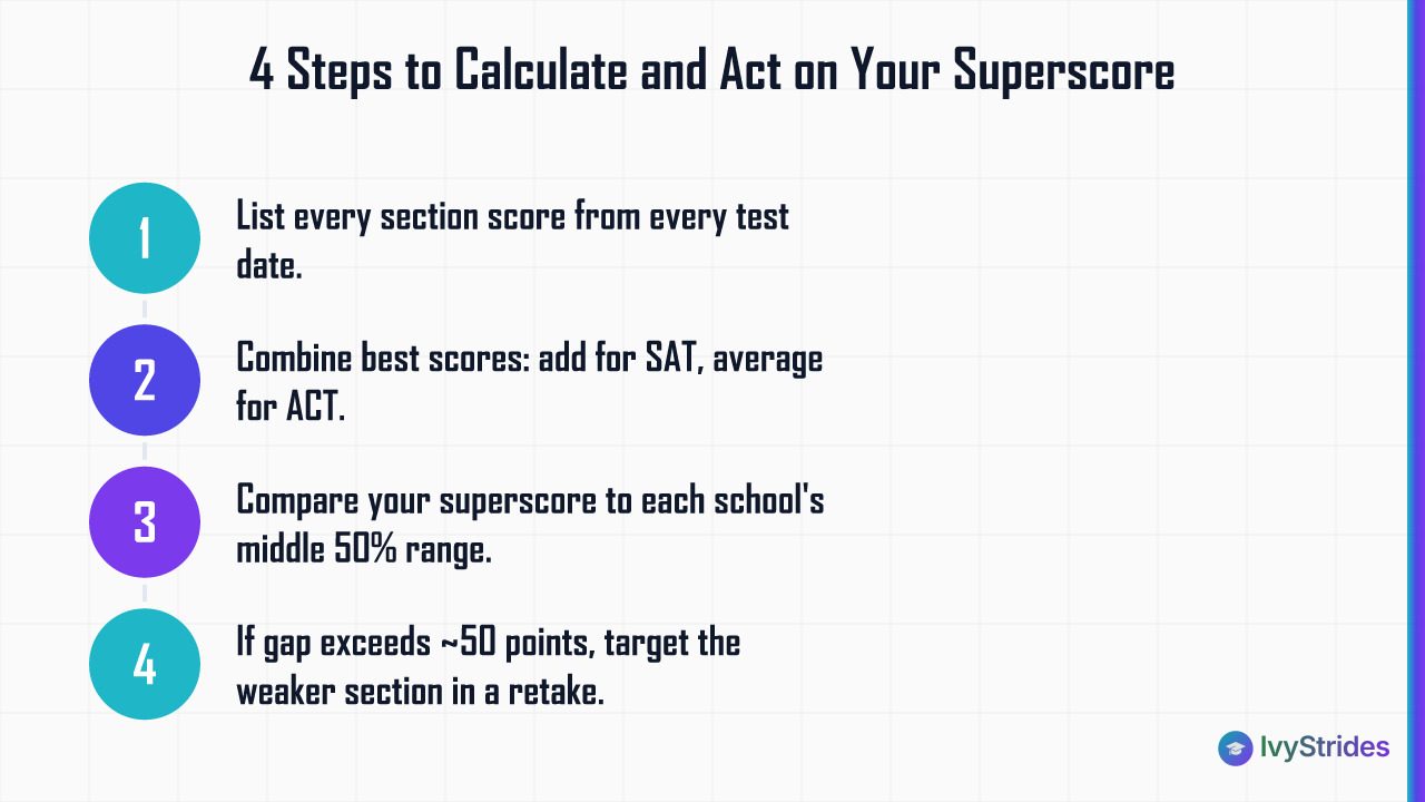 4-step diagram showing how to calculate your superscore and build a targeted retake strategy for SAT or ACT