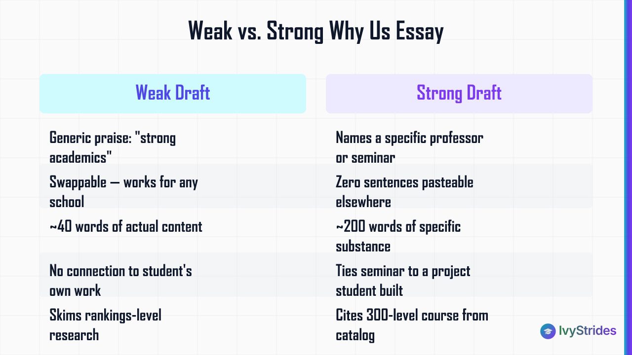 Comparison table showing weak vs strong Why Us supplemental essay traits across specificity, research depth, and personal con