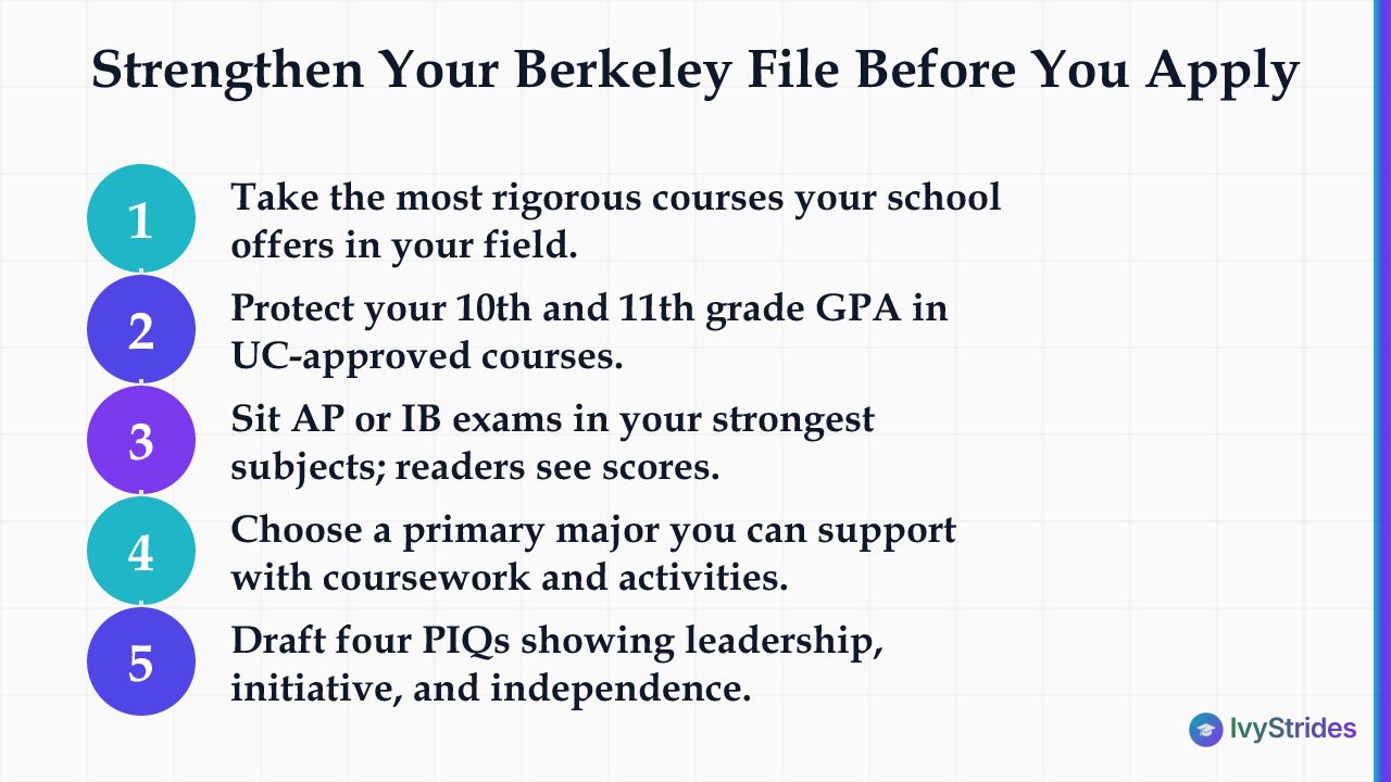 5-step checklist to strengthen a UC Berkeley application covering rigor, GPA, AP exams, major choice, and PIQ essays