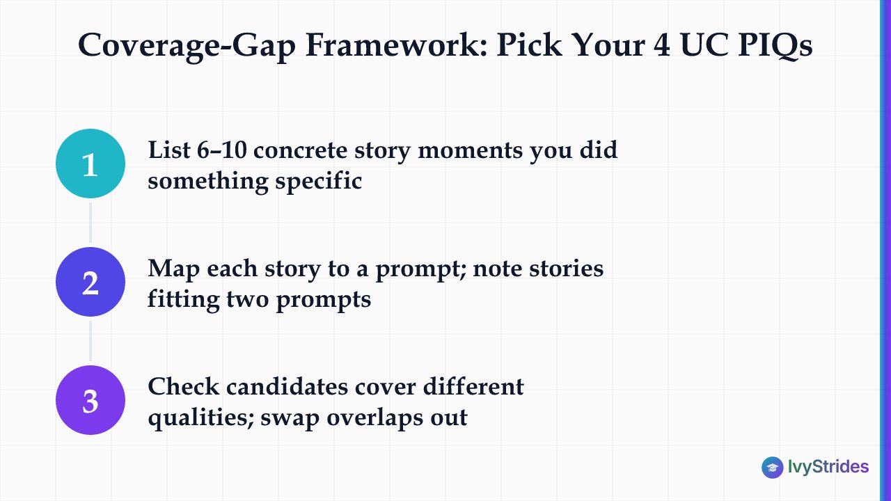 3-step coverage-gap framework for selecting 4 UC PIQ prompts by mapping stories and filling quality gaps