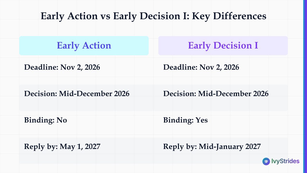 Comparison table of UChicago Early Action vs Early Decision I showing deadlines, decision dates, binding status, and reply da