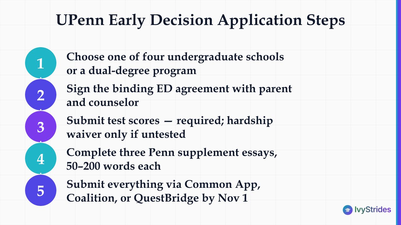 5-step diagram showing how to complete the UPenn Early Decision application by the November 1 deadline