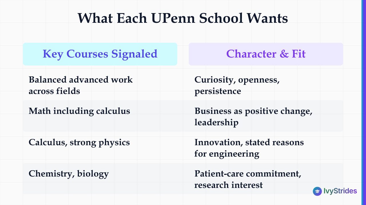 Comparison table showing UPenn school-specific course requirements and character fit for Wharton, Engineering, Nursing, and C