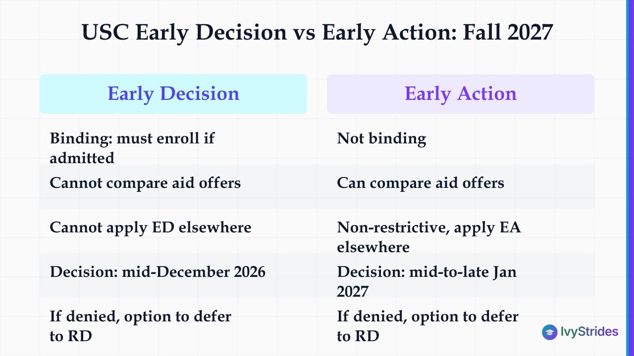 Comparison table of USC Early Decision vs Early Action for Fall 2027 covering binding commitment, aid, deadlines, and deferra