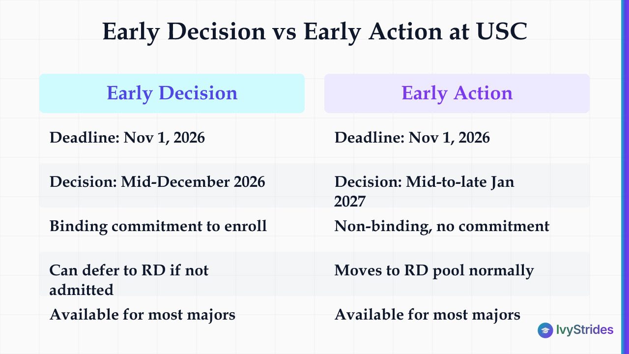 Comparison table of USC Early Decision vs Early Action for Fall 2027: deadlines, decision dates, and binding status