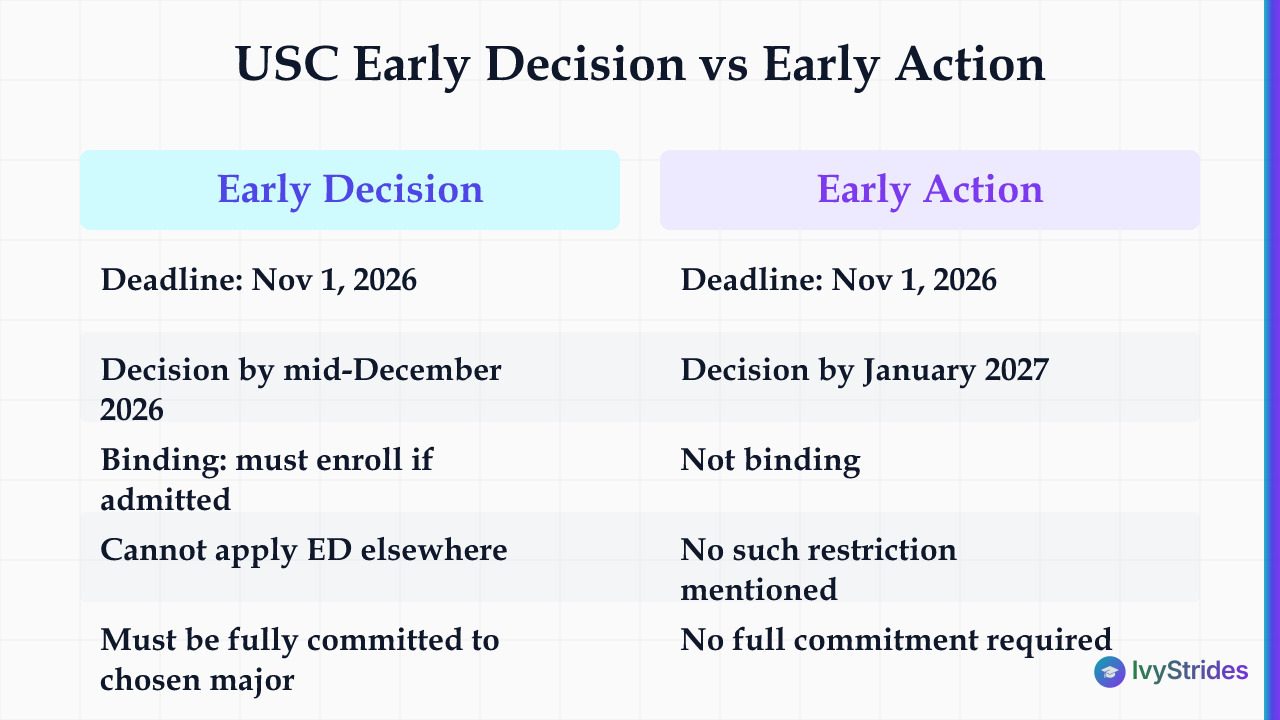 Comparison table of USC Early Decision vs Early Action deadlines, decision dates, and binding rules for fall 2027