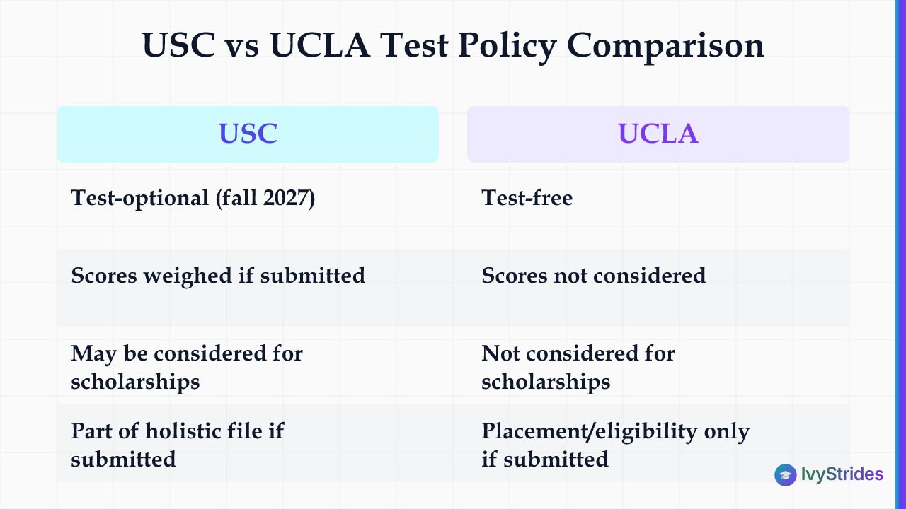 Comparison table showing USC test-optional vs UCLA test-free policies across admission decisions, scholarships, and score use