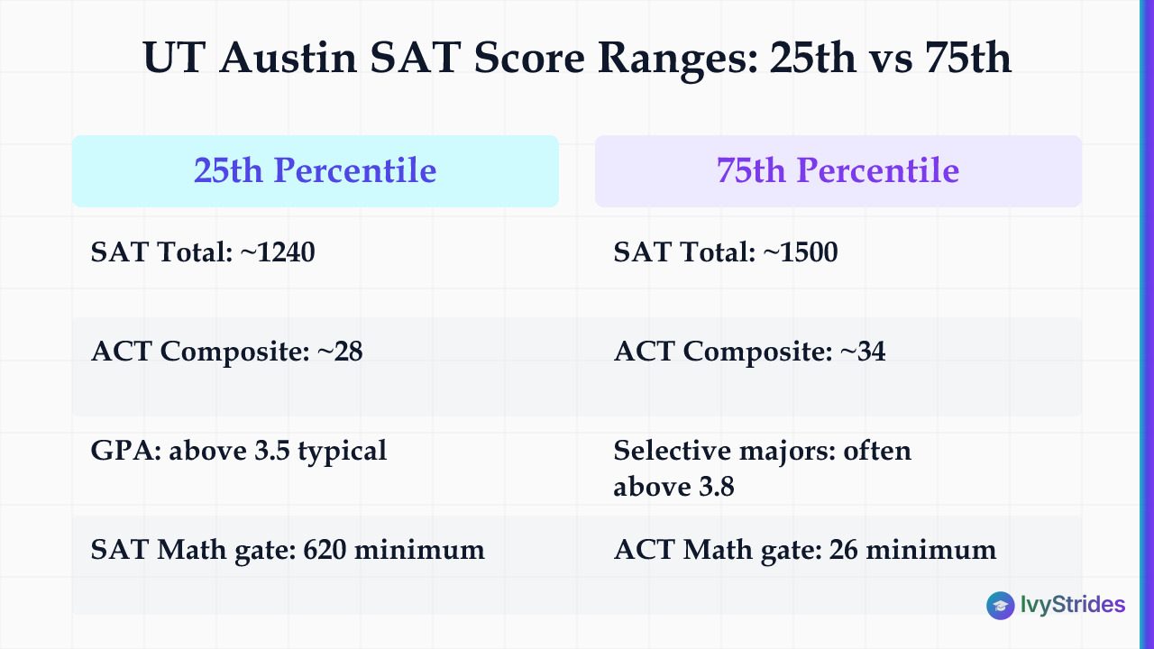 Comparison table of UT Austin SAT, ACT, and GPA ranges for admitted students at 25th vs 75th percentile