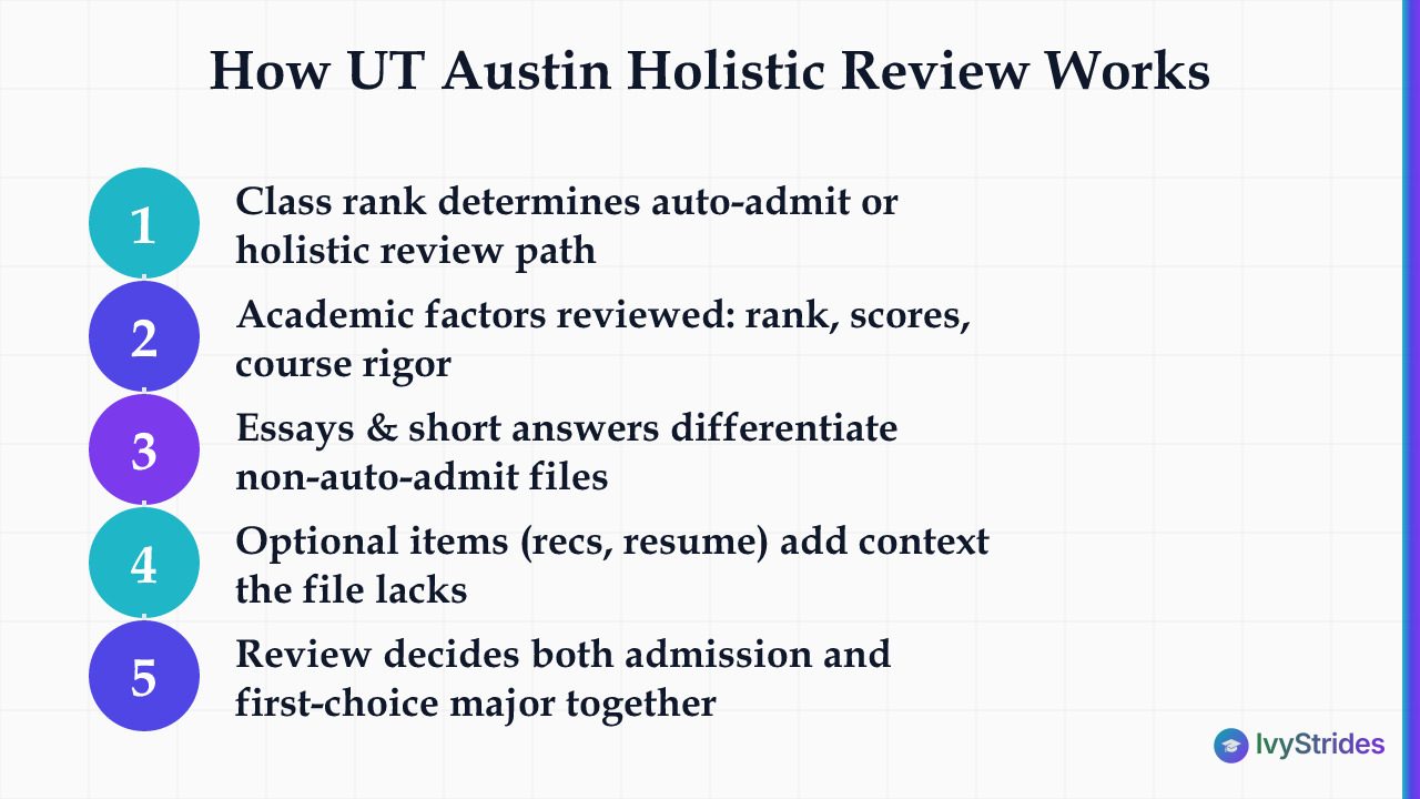 5-step diagram showing how UT Austin holistic review evaluates freshman applicants from class rank to major decision