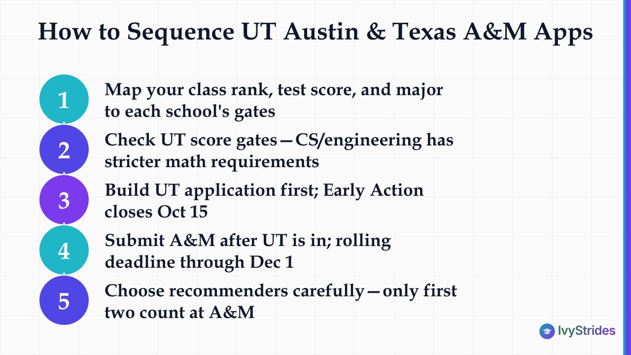 5-step process for sequencing UT Austin and Texas A&M applications based on profile and deadlines