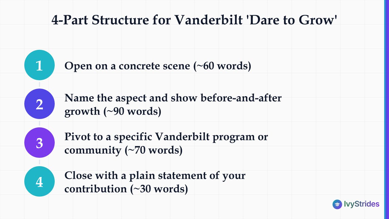 Four numbered steps to structure a 250-word Vanderbilt Crescere aude short answer essay