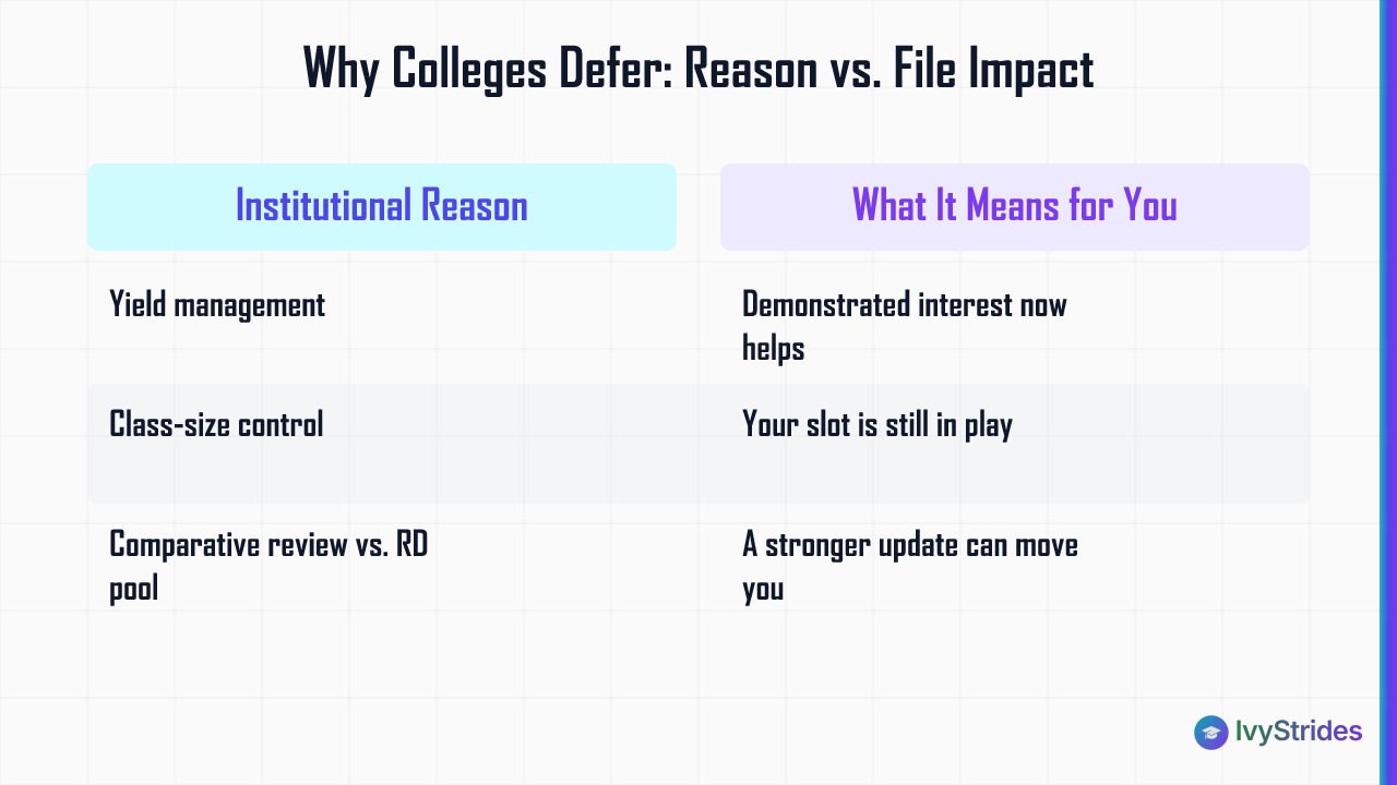 Table comparing three college deferral reasons—yield, class size, comparative review—against their meaning for a deferred app