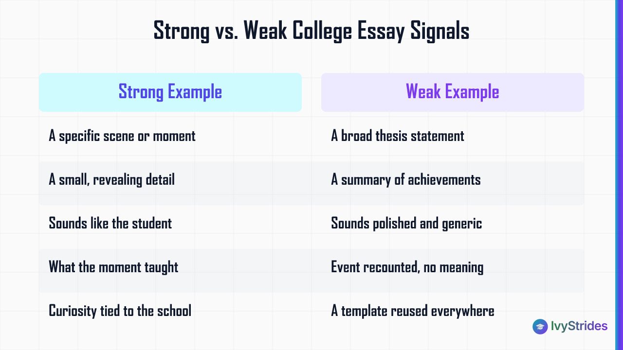 Comparison table of strong vs. weak college essay signals across opening, subject, voice, reflection, and fit