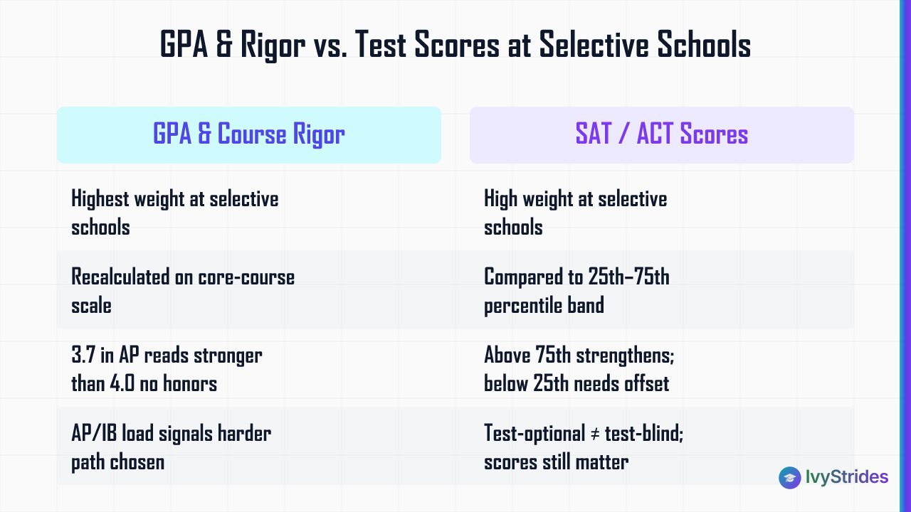 Comparison table of GPA and course rigor vs SAT/ACT scores and how selective colleges weigh each factor in admissions