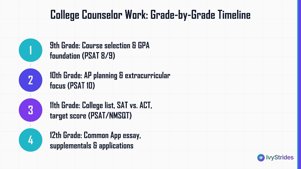 Four-step numbered timeline showing what a college counselor delivers each year from 9th through 12th grade