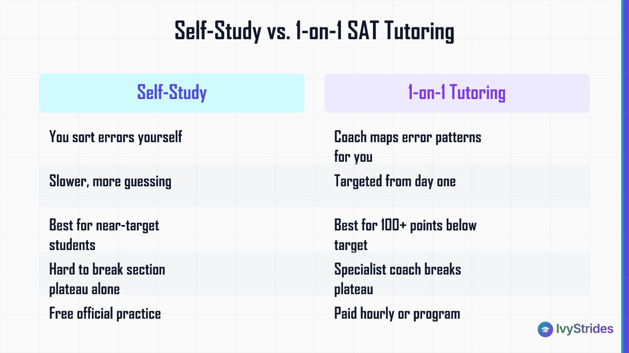 Comparison table of self-study vs 1-on-1 SAT tutoring across error diagnosis, efficiency, best fit, plateau, and cost