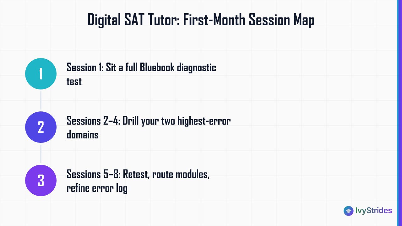 3-step numbered diagram showing SAT tutor session progression: diagnostic, targeted drills, then retesting and module routing